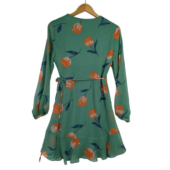All In Favor Wrap Mini Dress Womens S Green Floral Long Sleeve Feminine Flirty - Picture 3 of 14